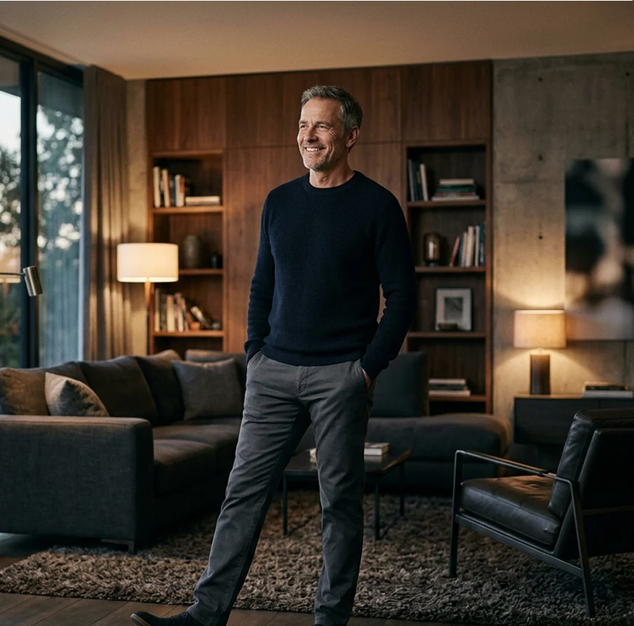 Active man standing comfortably at home